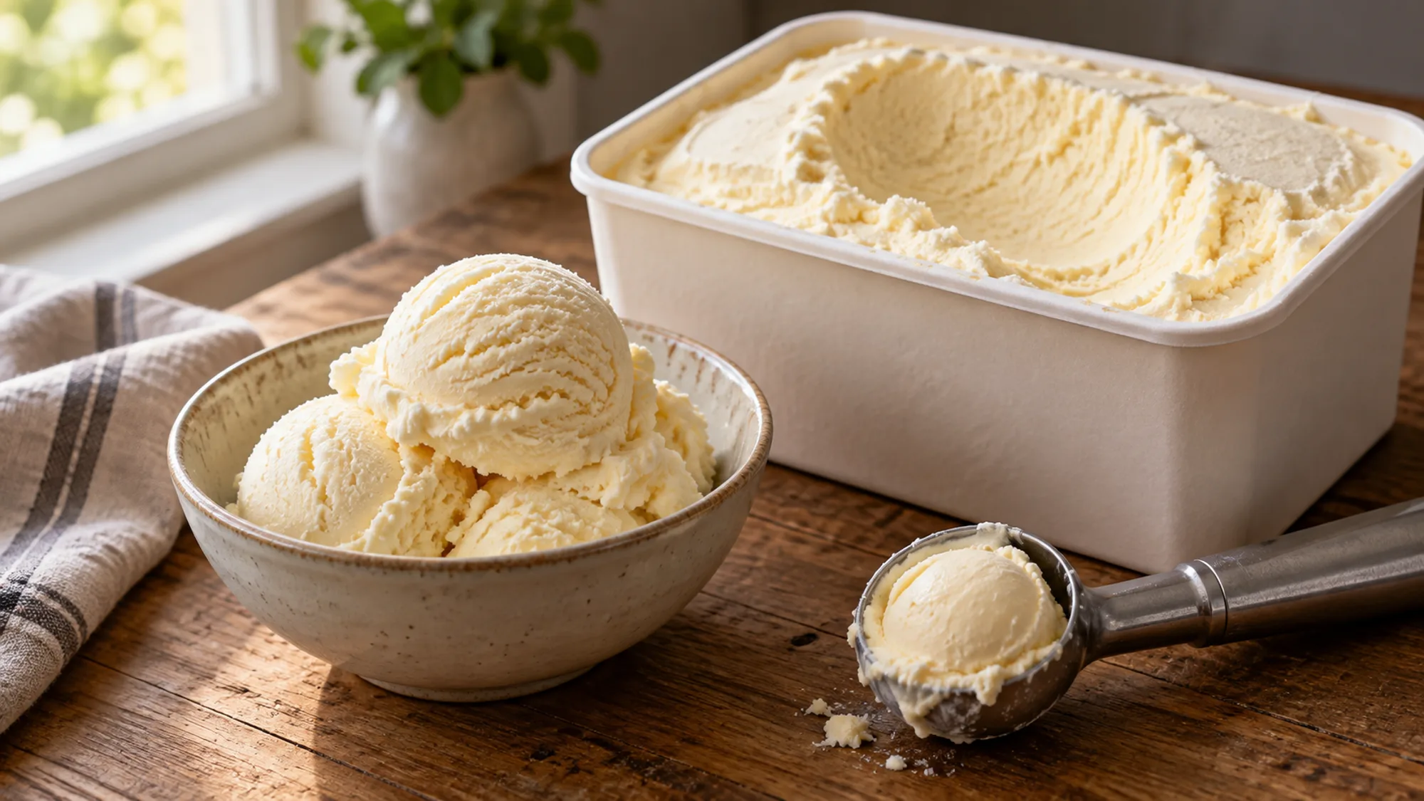 Unbranded vanilla frozen dessert carton and serving bowl