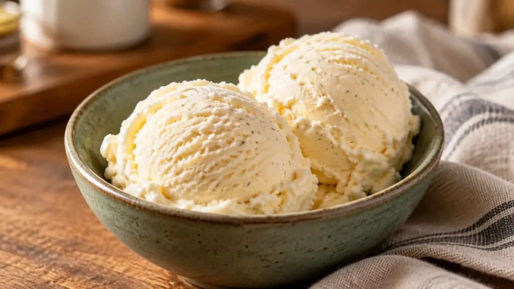 Vanilla frozen dessert scoops in a green ceramic bowl