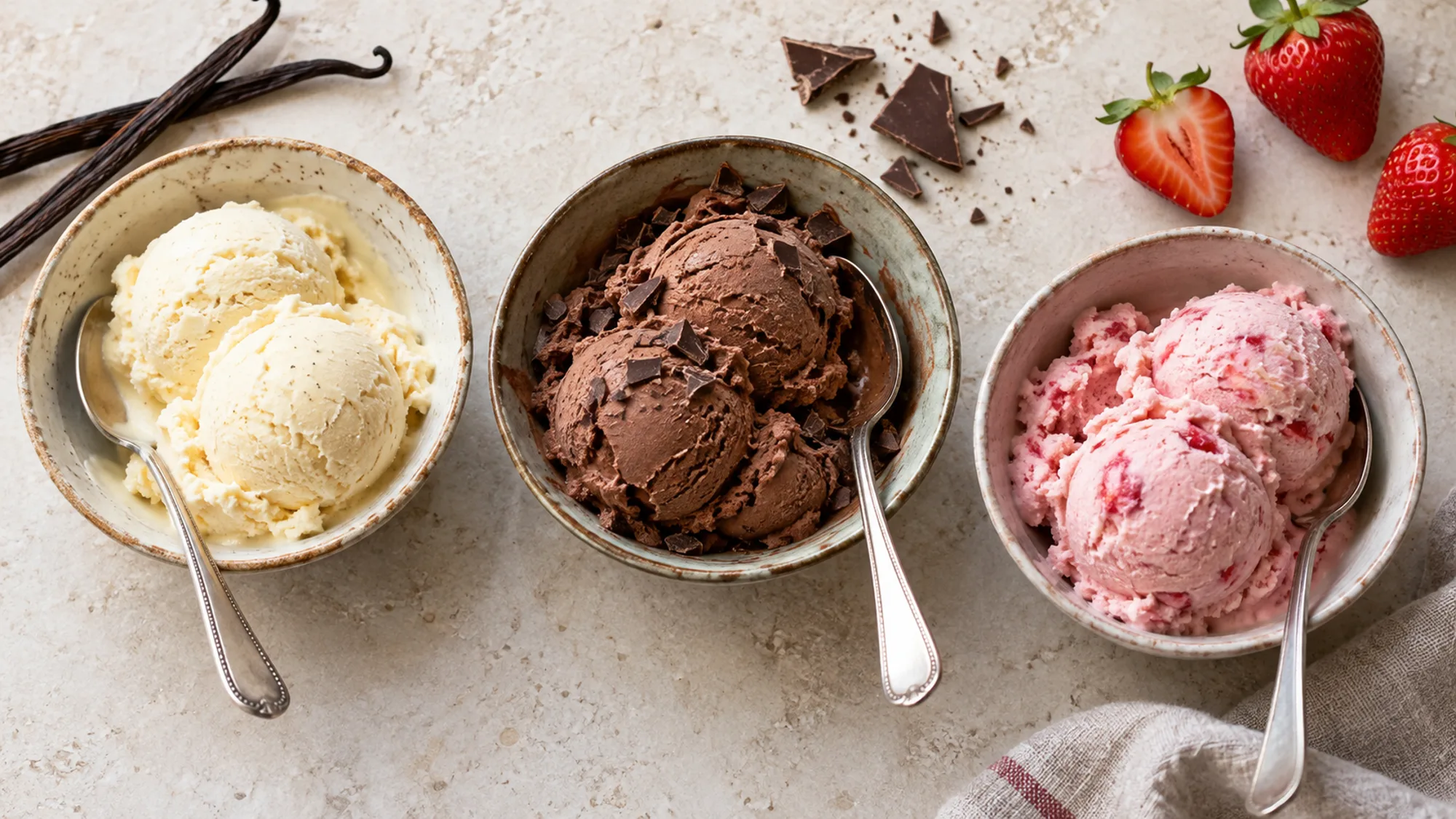Vanilla, chocolate and strawberry frozen desserts in separate bowls