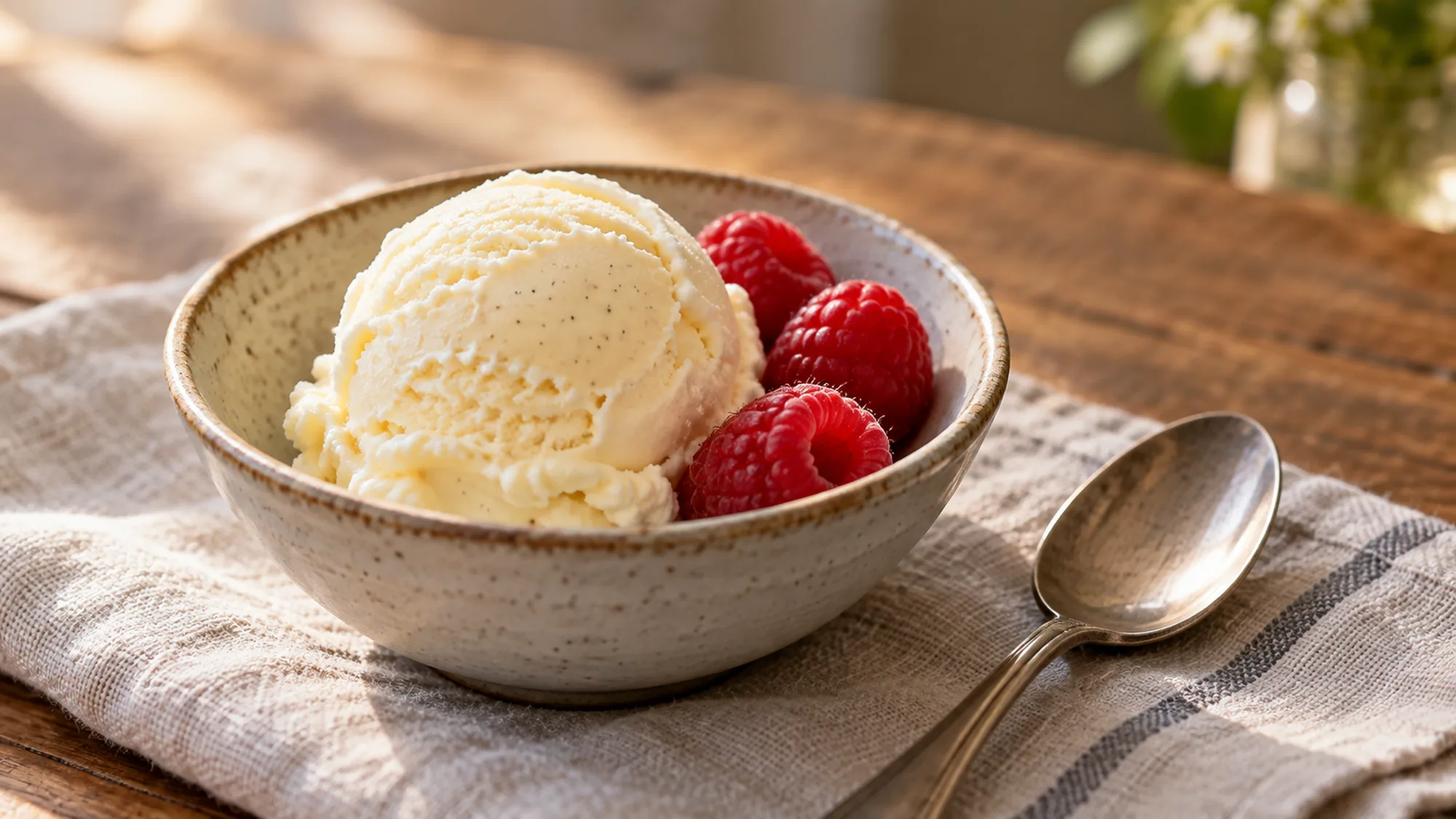 Small vanilla scoop with fresh raspberries and a spoon