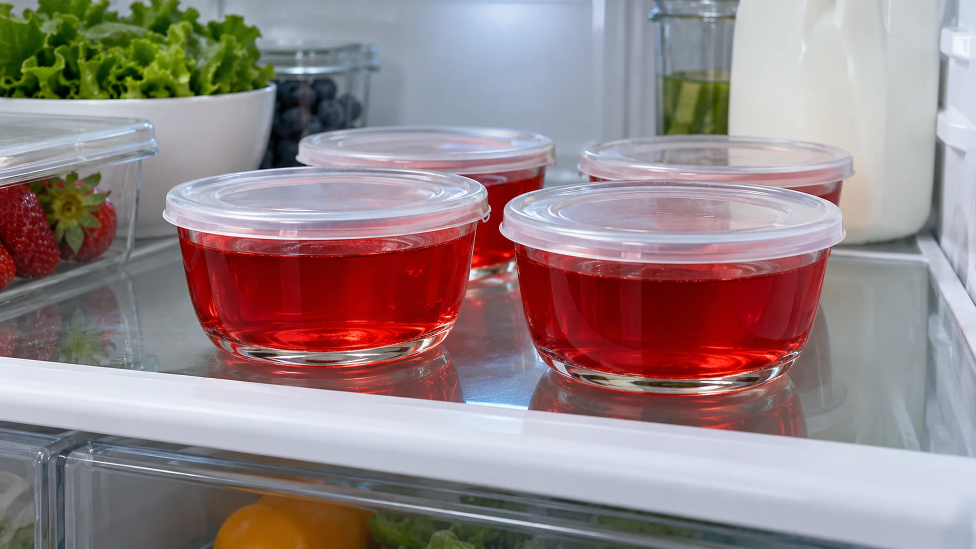 Covered sugar free jello cups on a clean refrigerator shelf