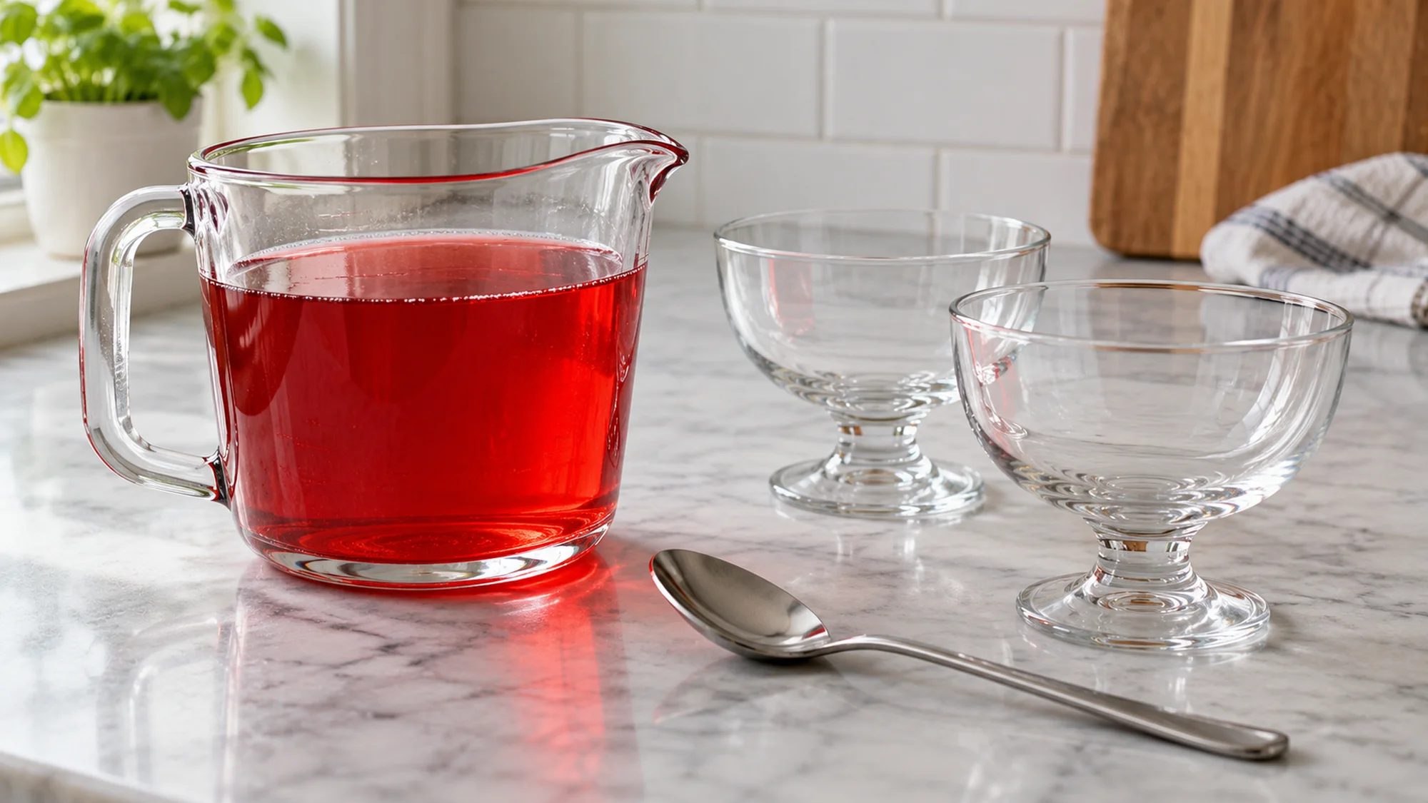 Dissolved sugar free jello in a glass jug beside empty dessert bowls
