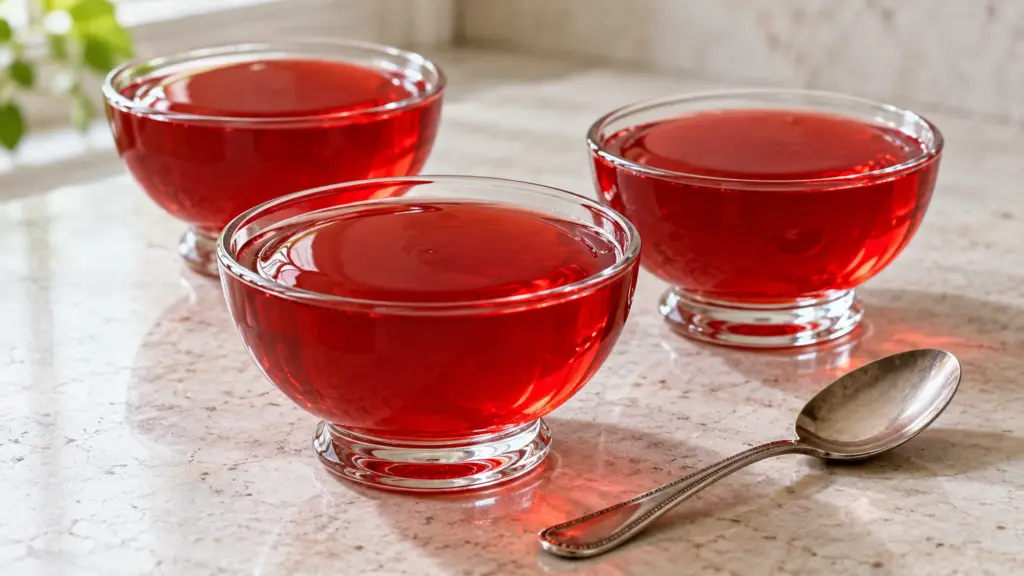 Three glass bowls of red sugar free jello beside a spoon