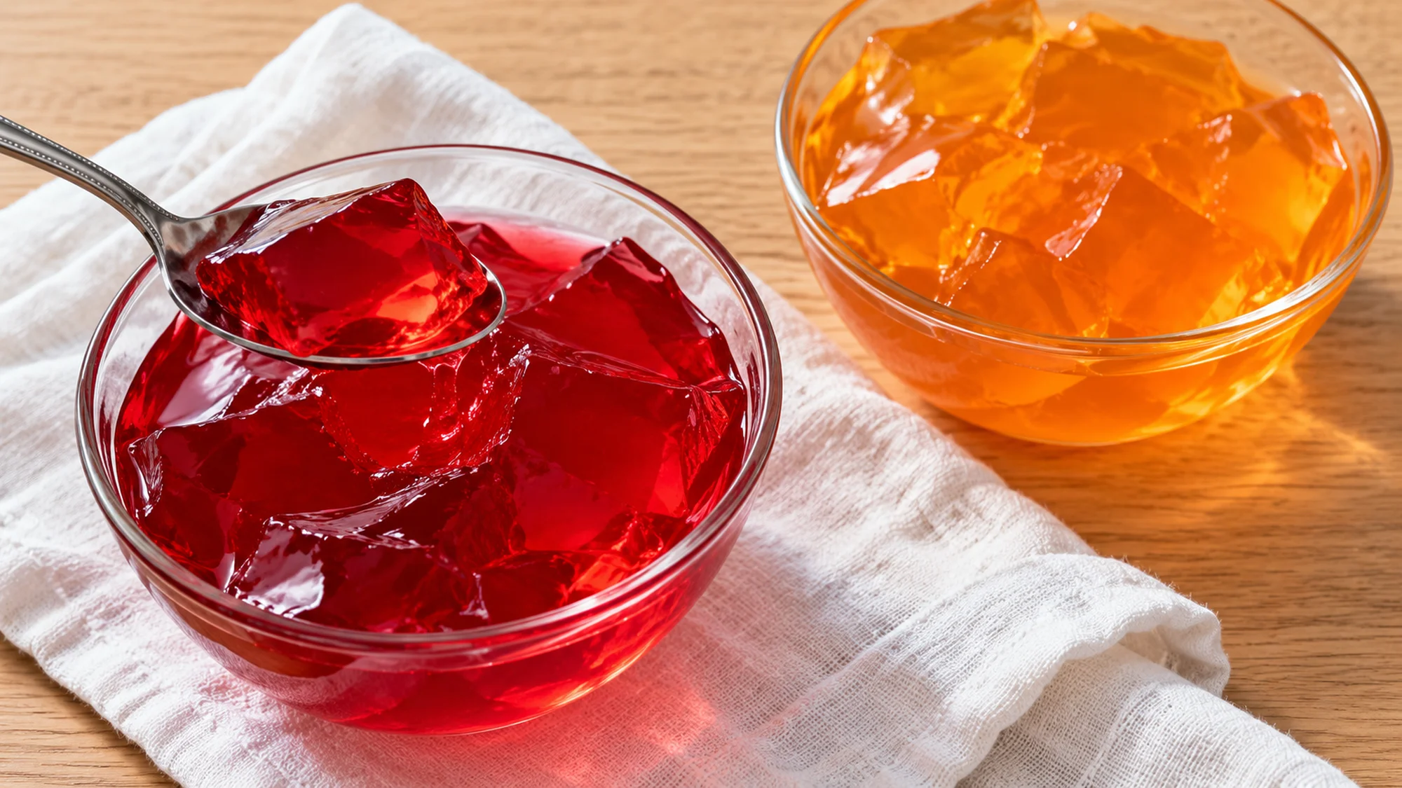 Red and orange sugar free jello with a spoonful lifted from one bowl
