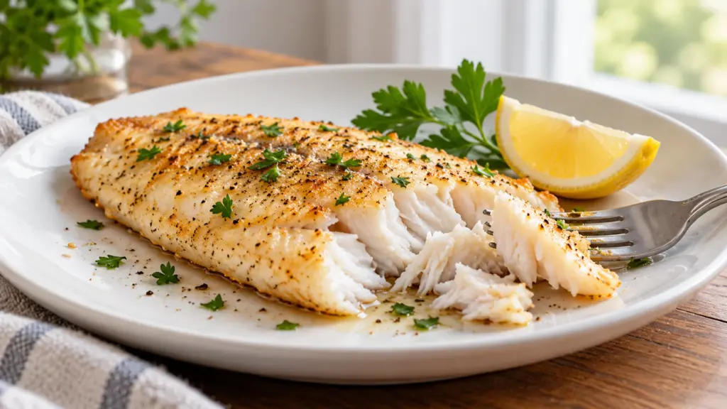 Cooked swai fish fillet with lemon and parsley