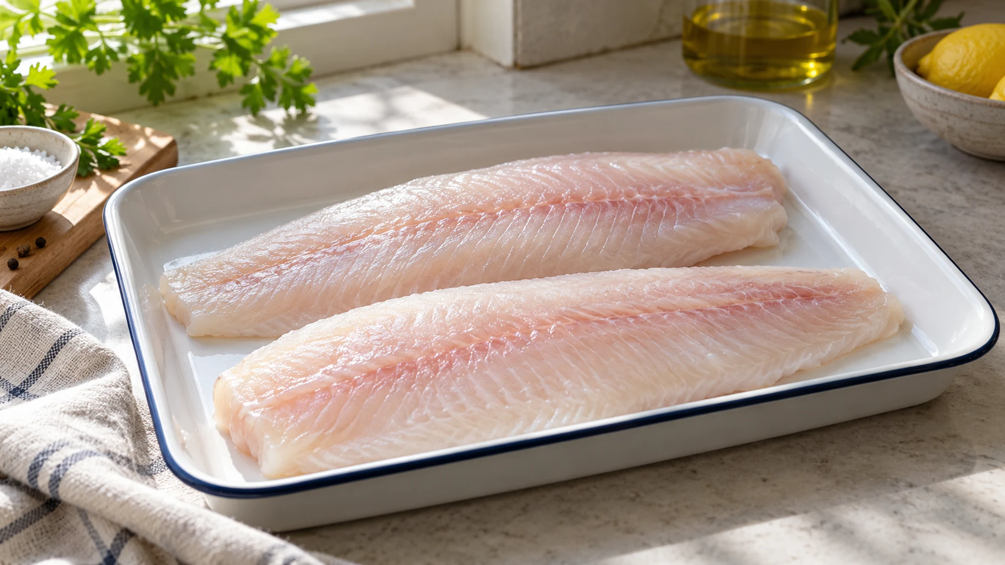Raw swai fish fillets on a clean tray
