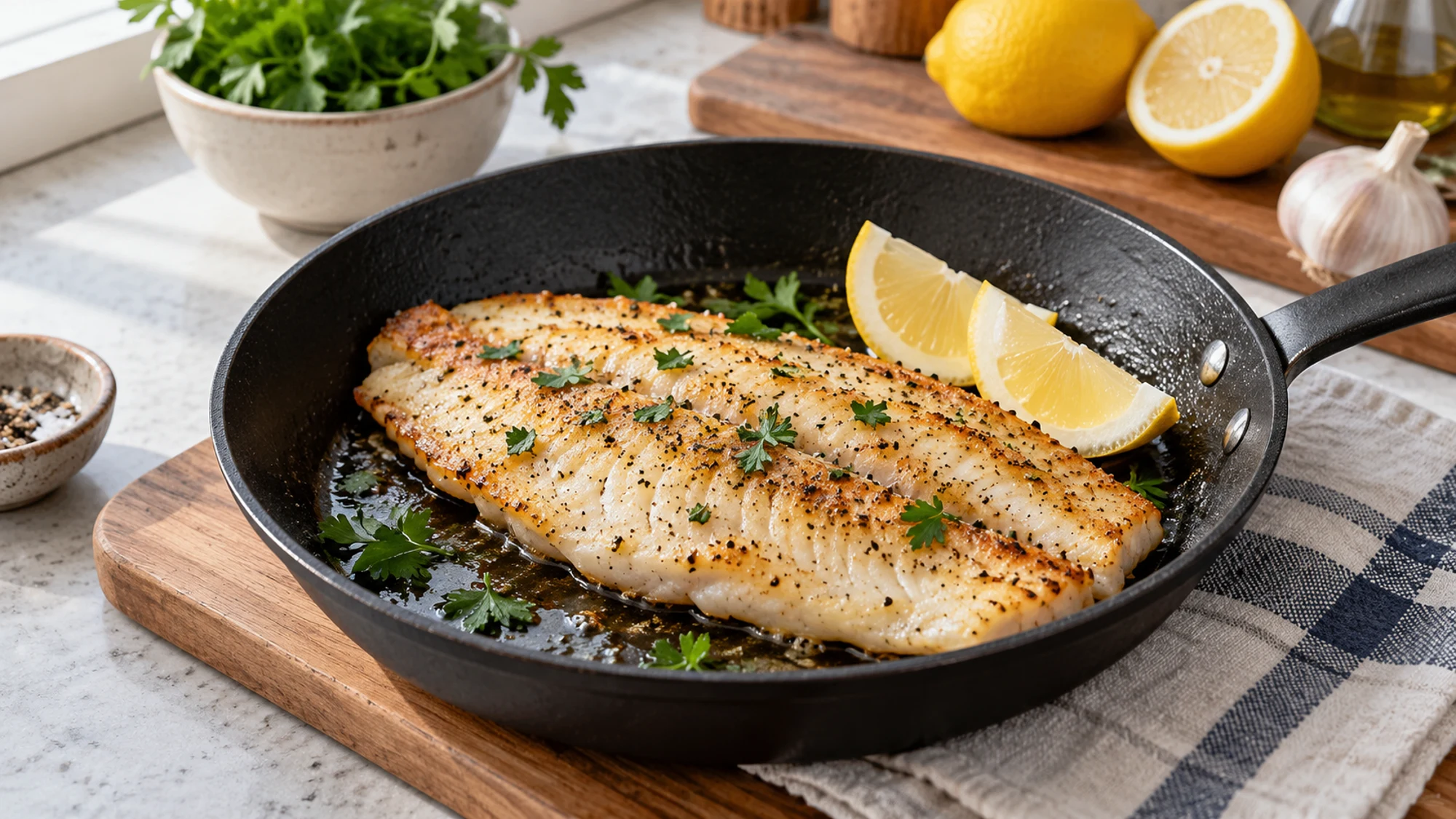 Swai fish with golden edges in a skillet