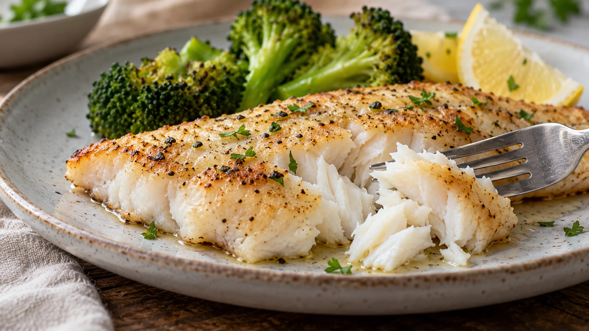 Swai fish flaking into opaque pieces beside broccoli