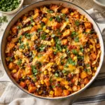 Overhead sweet potato black bean enchilada skillet ready to serve