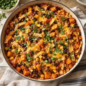 Overhead sweet potato black bean enchilada skillet ready to serve