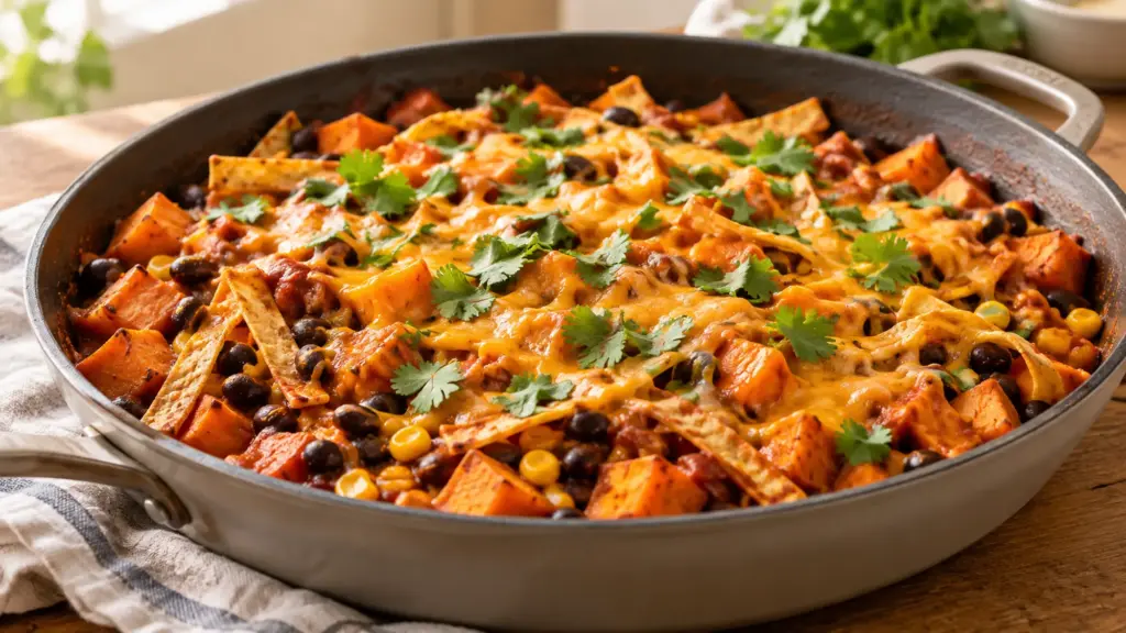sweet potato black bean enchilada skillet served with its measured ingredients