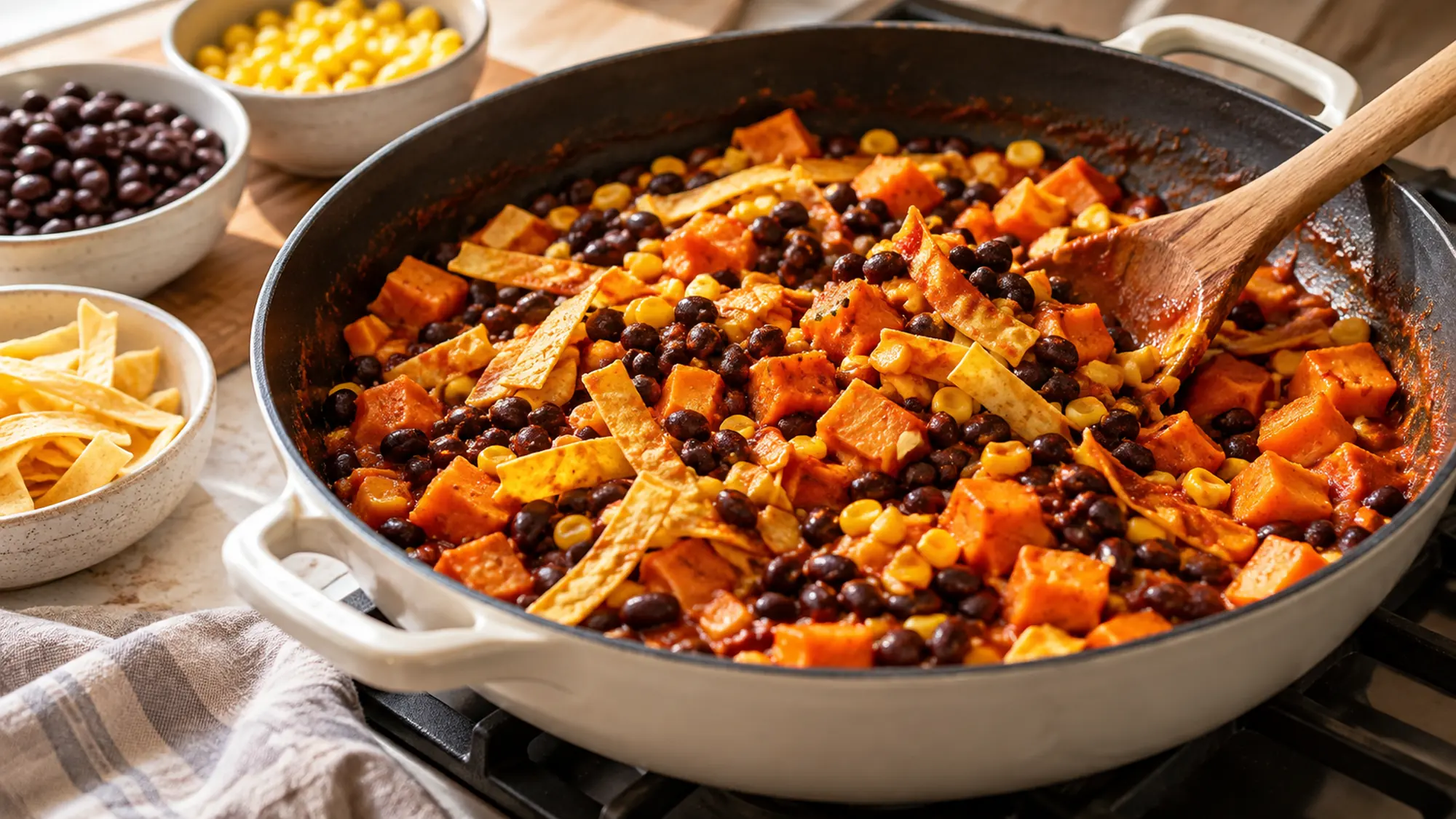 Black beans, corn and corn tortilla strips being folded into tender diced orange sweet potatoes and red enchilada sauce in a skillet before cheese