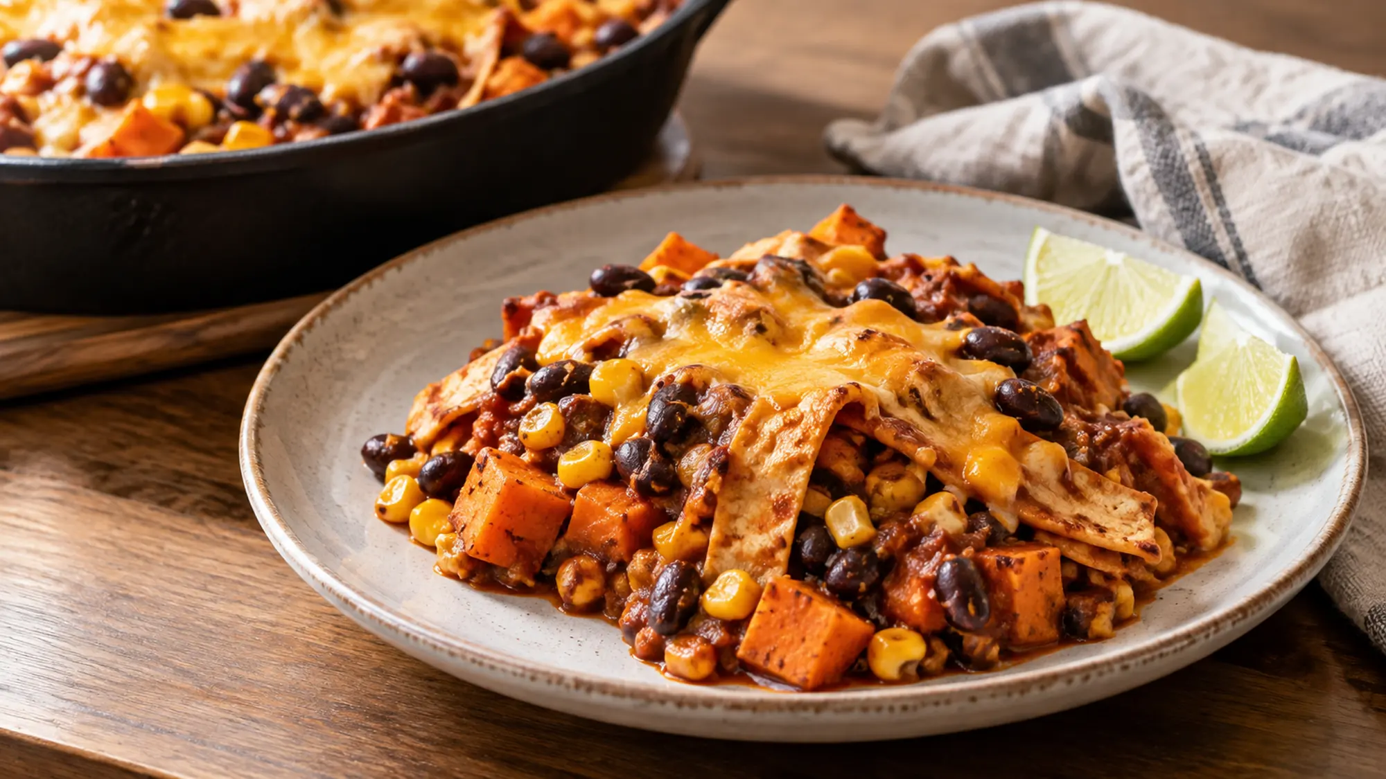 A spooned portion of sweet potato, black bean and corn enchilada skillet with softened tortilla strips and melted cheddar, optional lime wedges beside plate