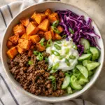 Overhead sweet potato ground beef bowl ready to serve