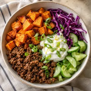Overhead sweet potato ground beef bowl ready to serve