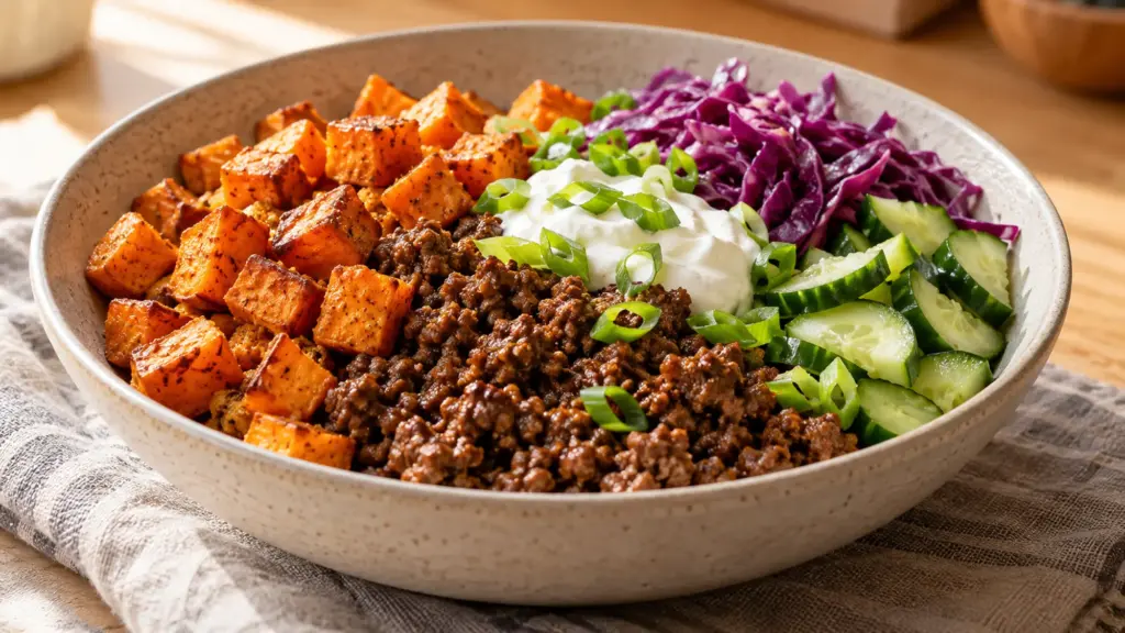 sweet potato ground beef bowl served with its measured ingredients