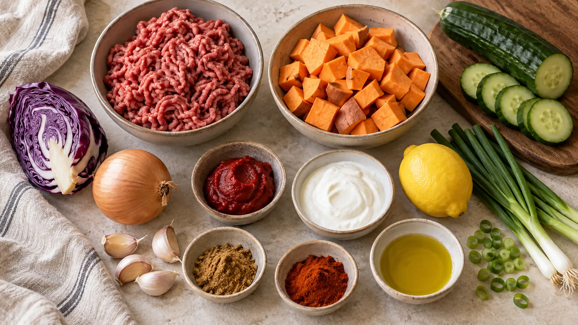 Ingredients for sweet potato ground beef bowl arranged before cooking