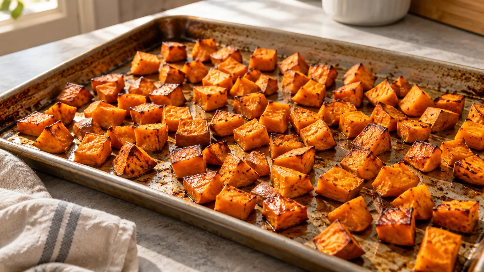 Small orange sweet potato cubes roasting with caramelized edges on a metal sheet pan, no other ingredients on the tray