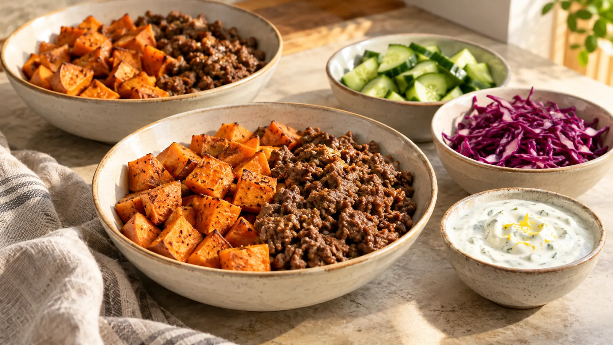 Two bowls of roasted sweet potato cubes and browned seasoned ground beef, with separate cold cucumber, red cabbage and lemon yogurt for meal prep