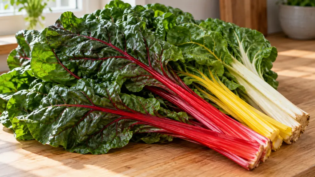 Swiss chard with dark green leaves and red, yellow and white stalks on a wooden counter