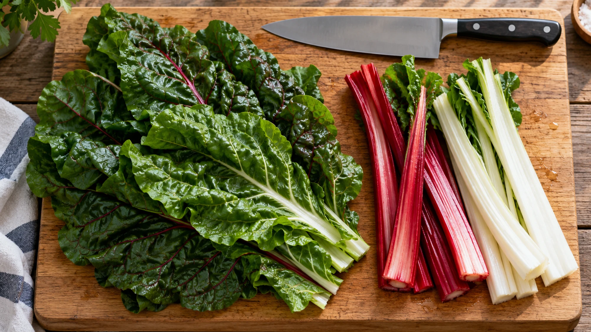 Swiss chard leaves separated from red and white stalks on a chopping board
