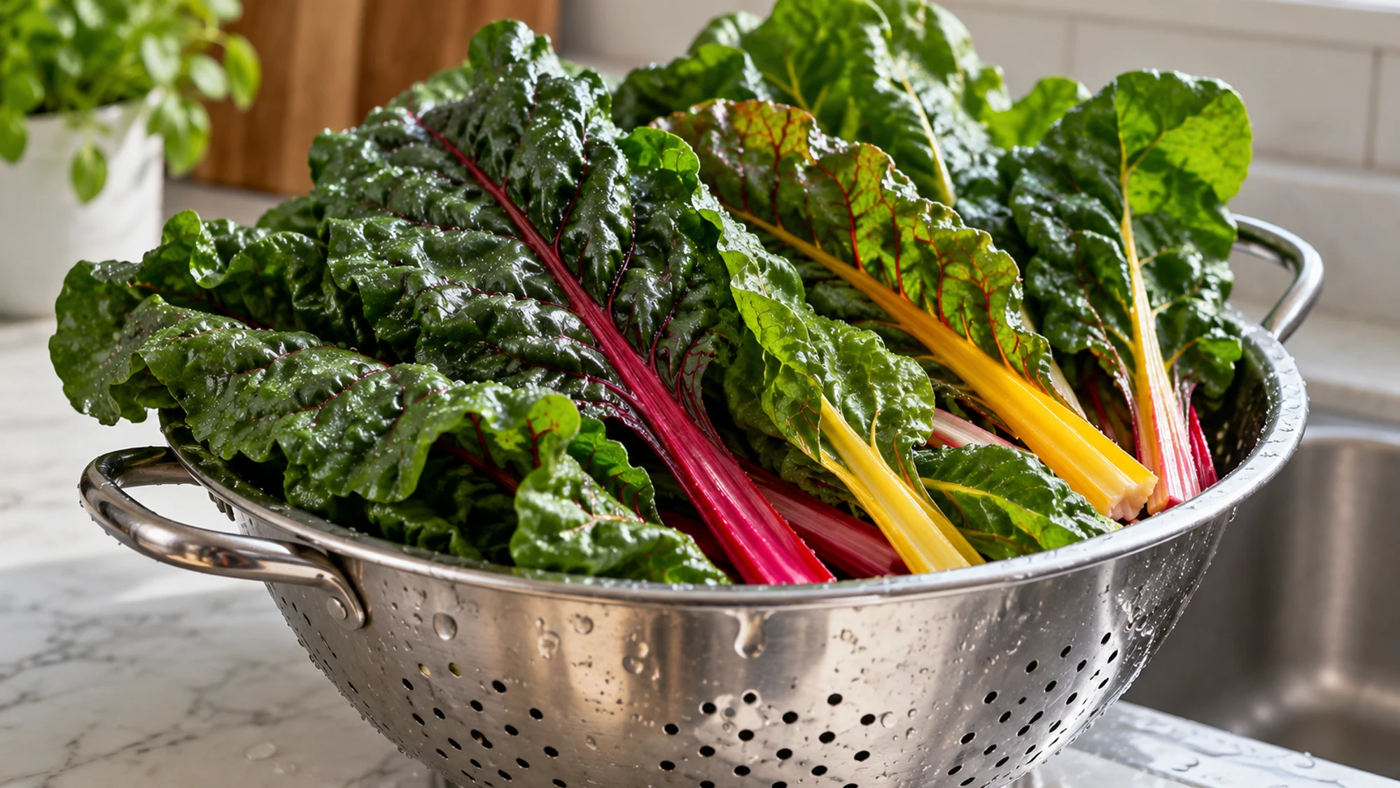 Swiss chard leaves and colorful stalks draining in a stainless steel colander