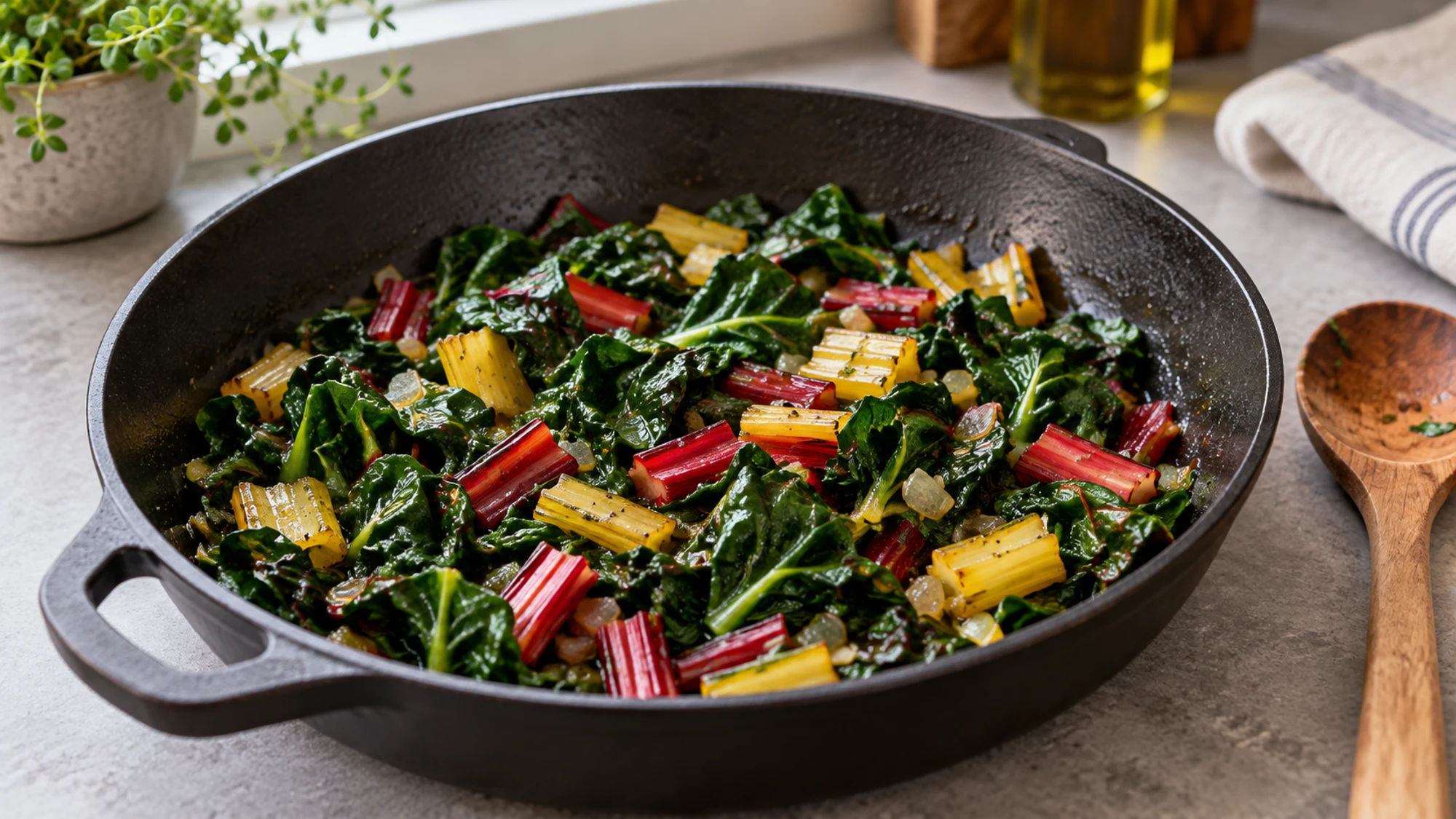 Wilted Swiss chard leaves with red and yellow stalk pieces in a dark skillet