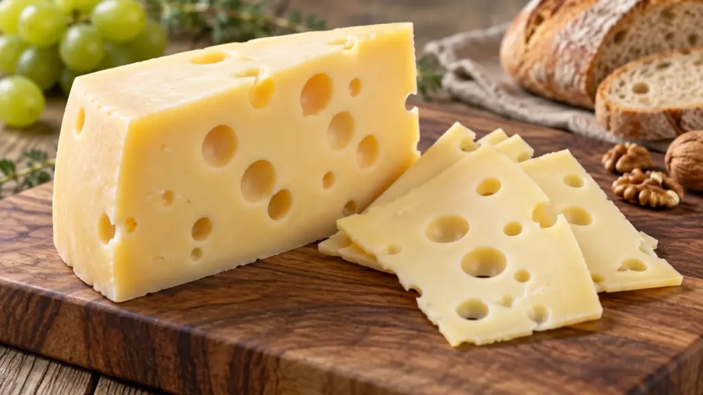 Swiss cheese wedge and thin slices on a wooden board