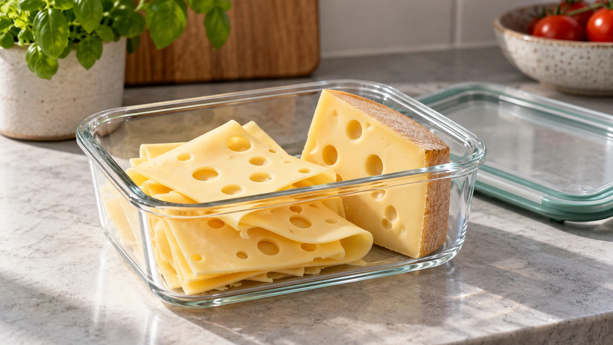 Swiss cheese slices and wedge in a glass storage container