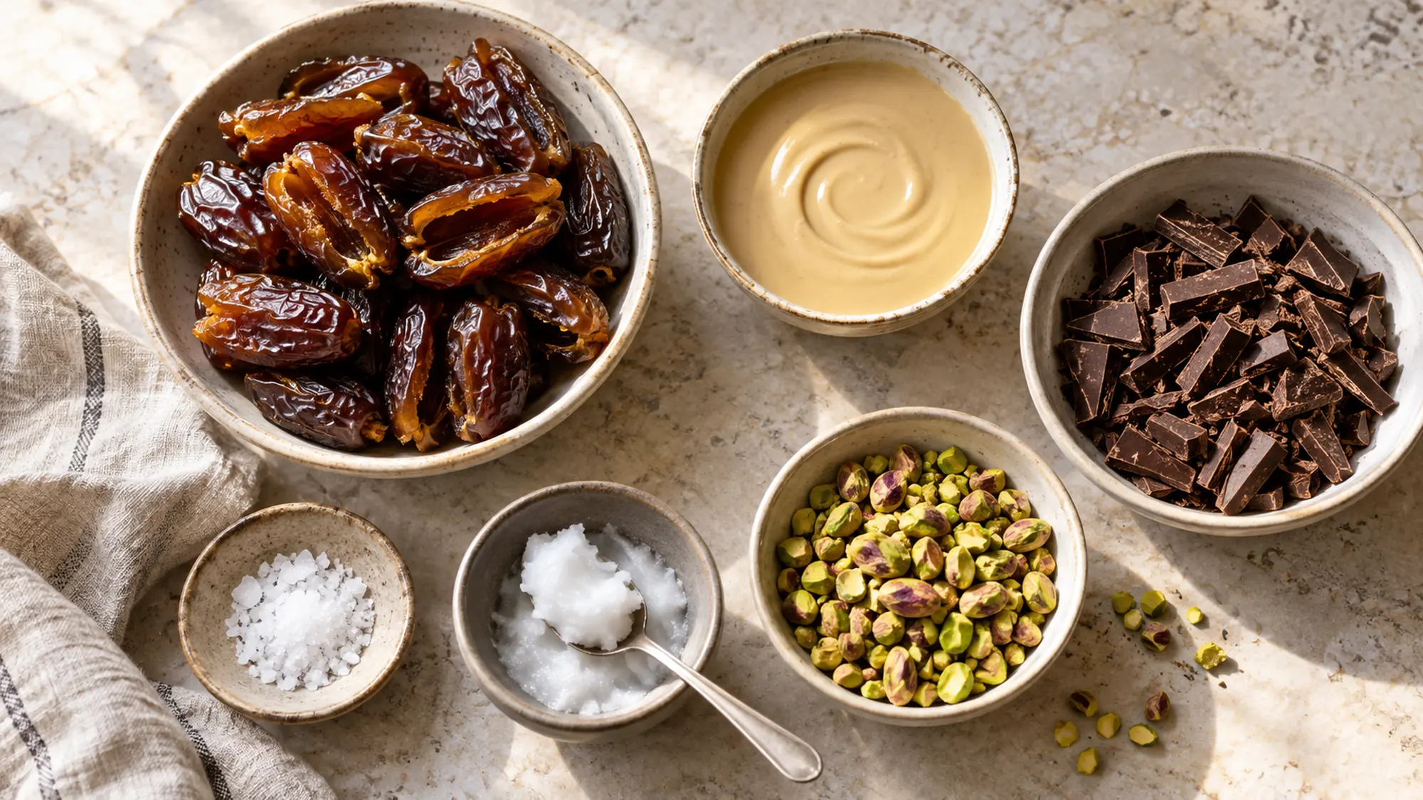 Ingredients for tahini date bark arranged before cooking