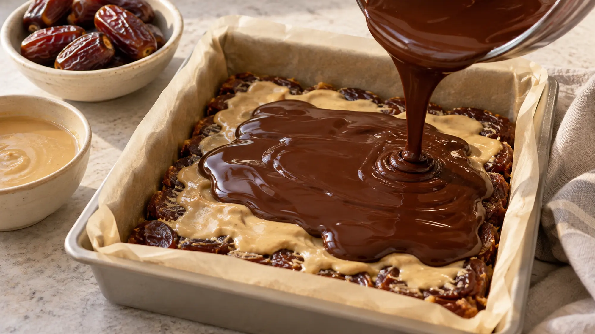 A parchment-lined square pan of flattened pitted dates, thin tan tahini spread over dates and dark melted chocolate being poured on top