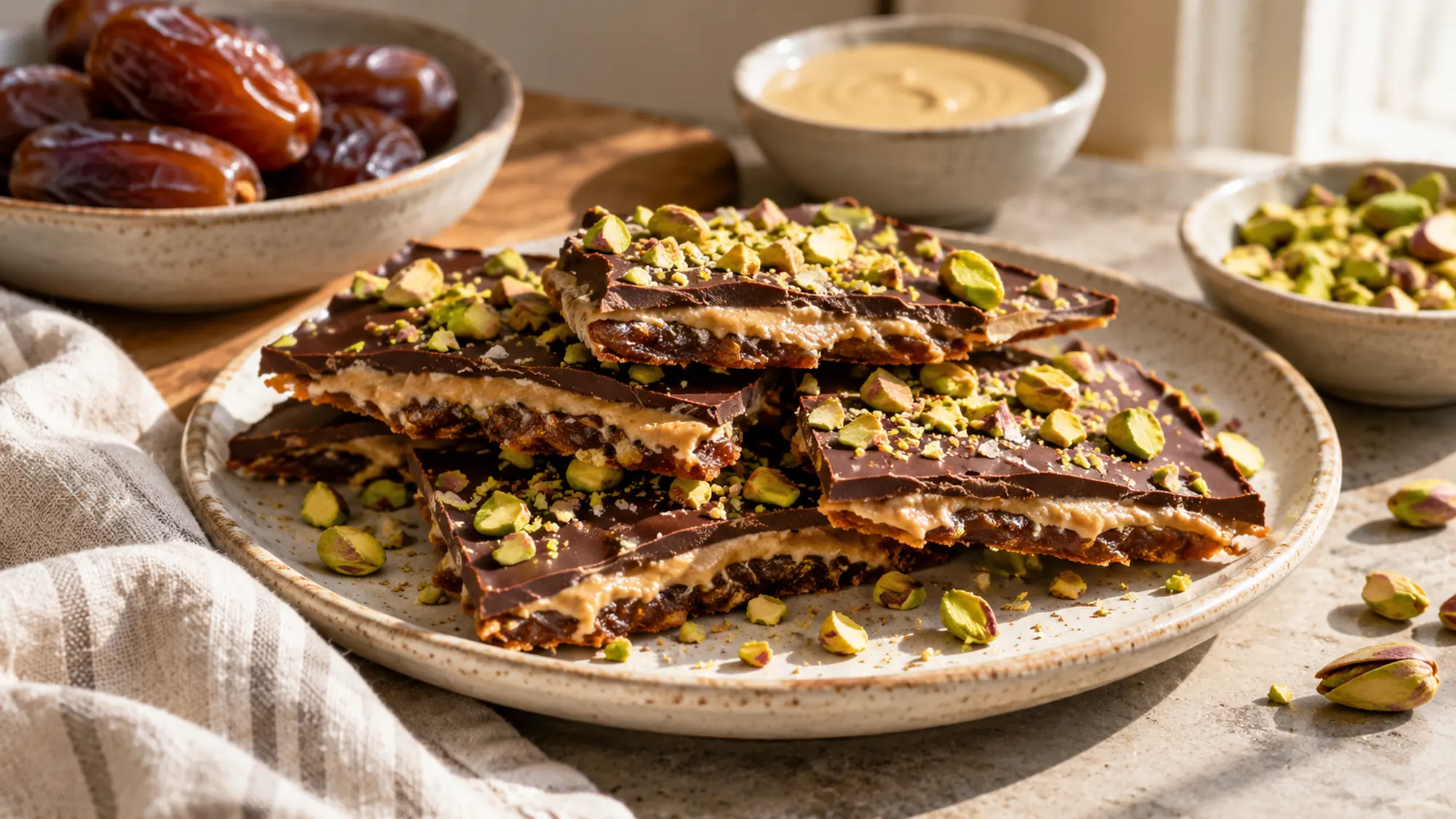 Thin broken pieces of dark chocolate tahini date bark stacked to show chewy date layer and tahini filling, topped with chopped green pistachios