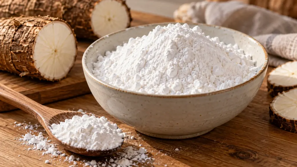 Tapioca starch in a ceramic bowl beside a wooden spoon