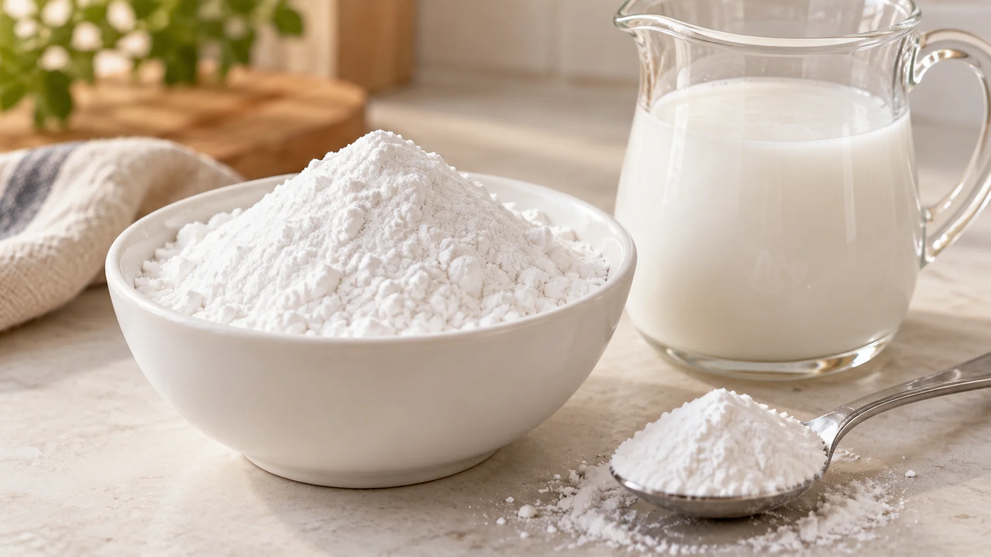 Tapioca starch measured with a spoon beside a jug of slurry