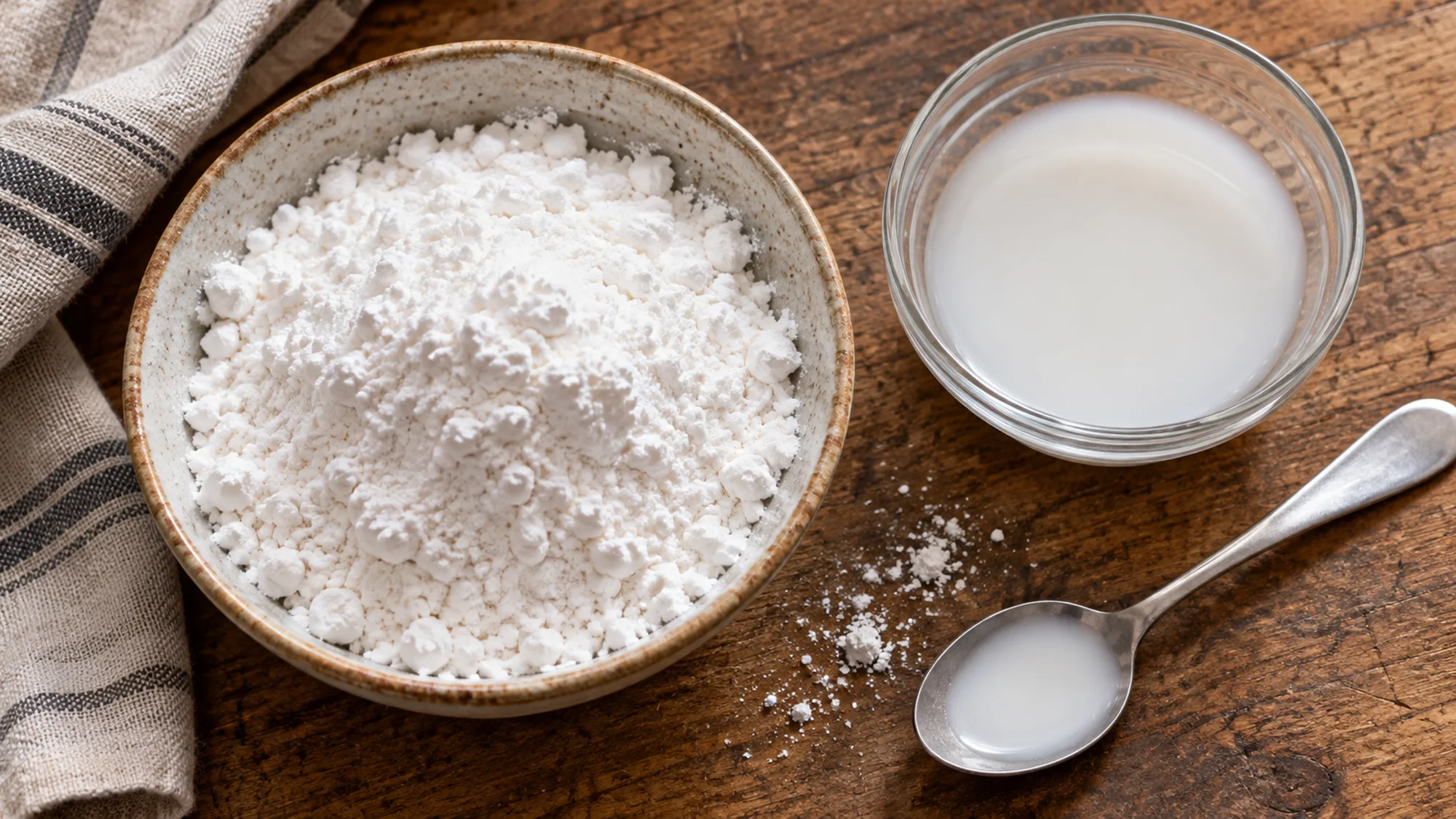Tapioca starch beside a bowl of white slurry