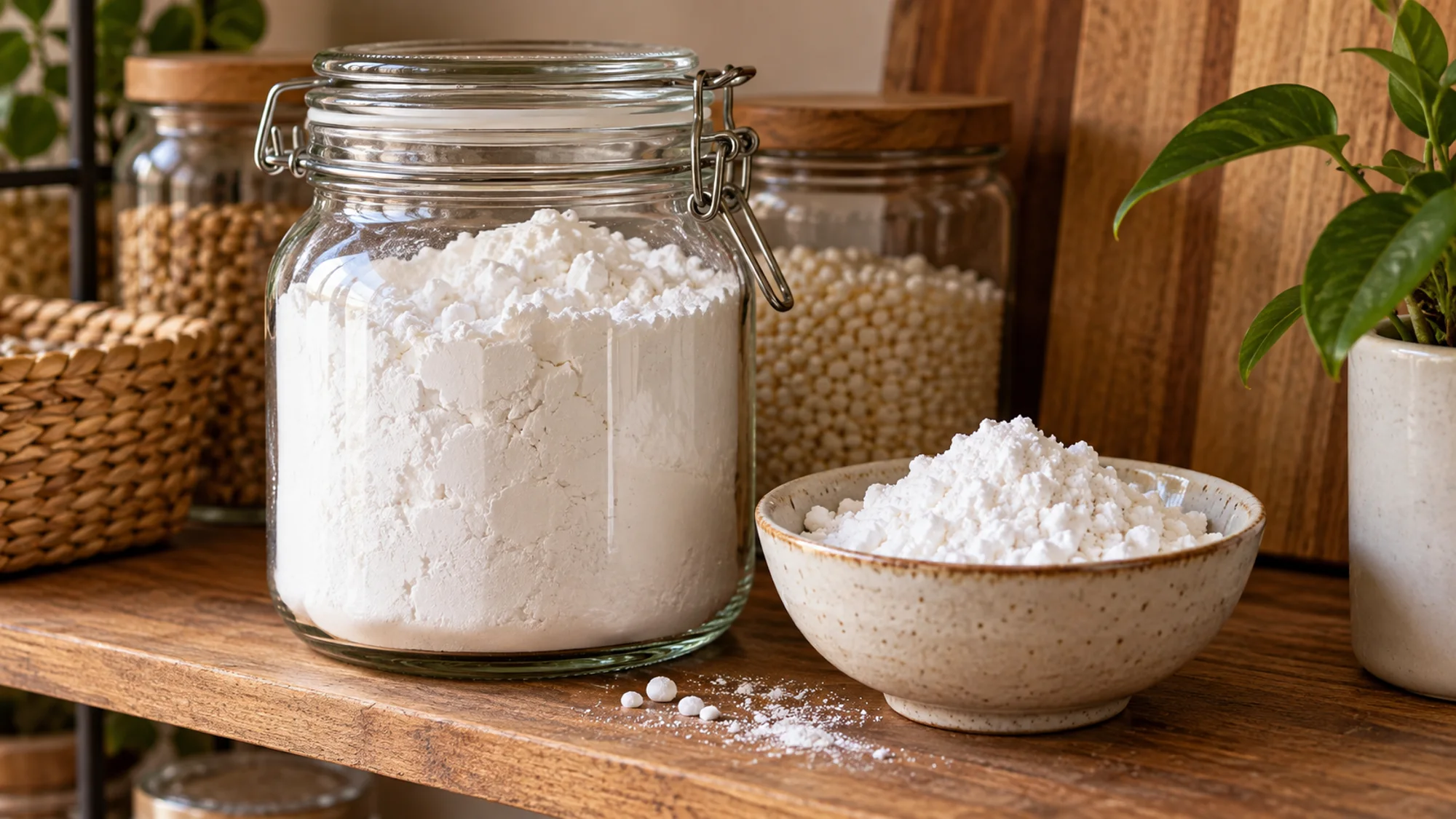Tapioca starch stored in a closed glass jar