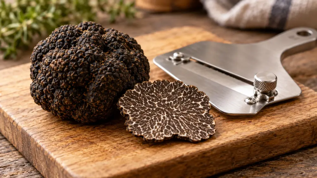 Whole black culinary truffle with a marbled slice and a metal truffle slicer