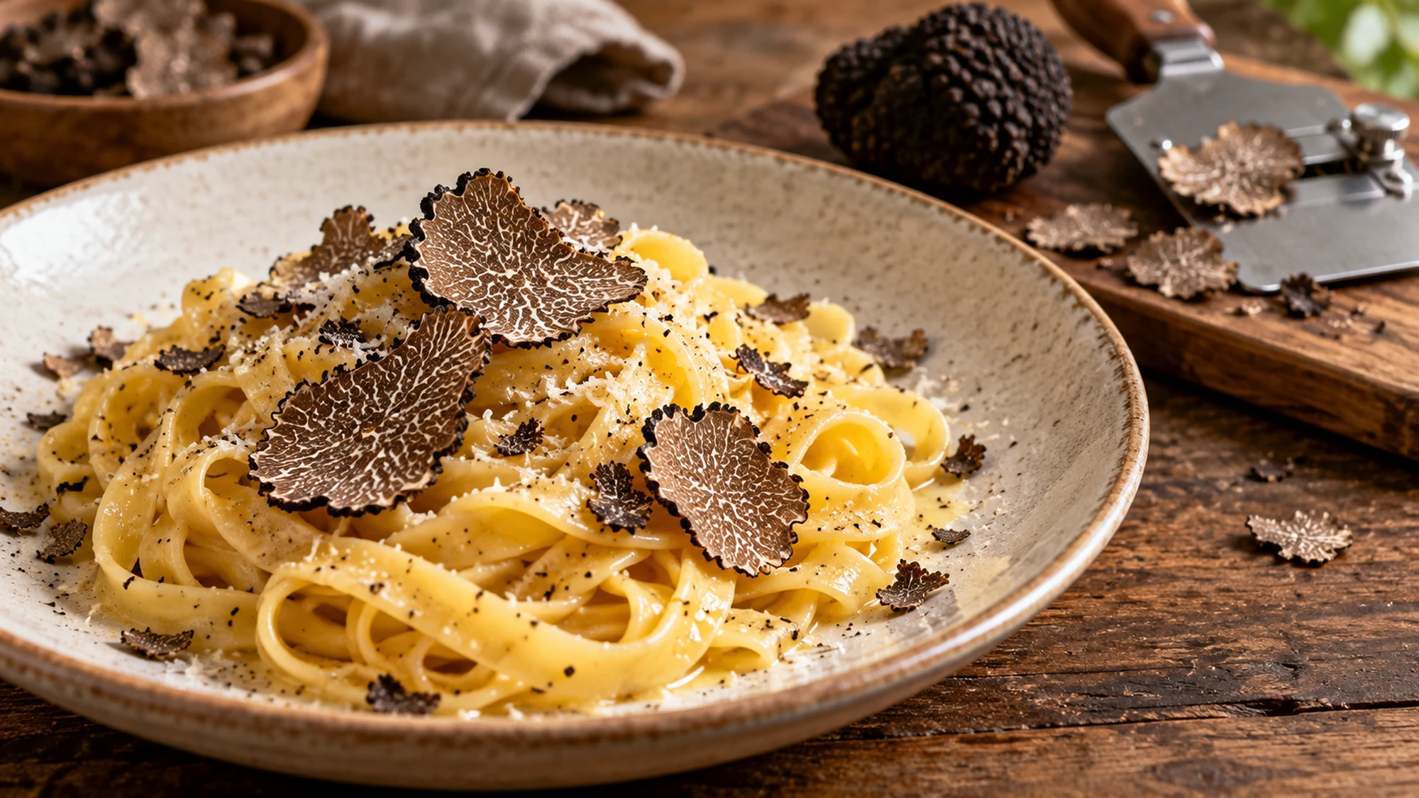 Thin black truffle shavings over a plate of buttered pasta