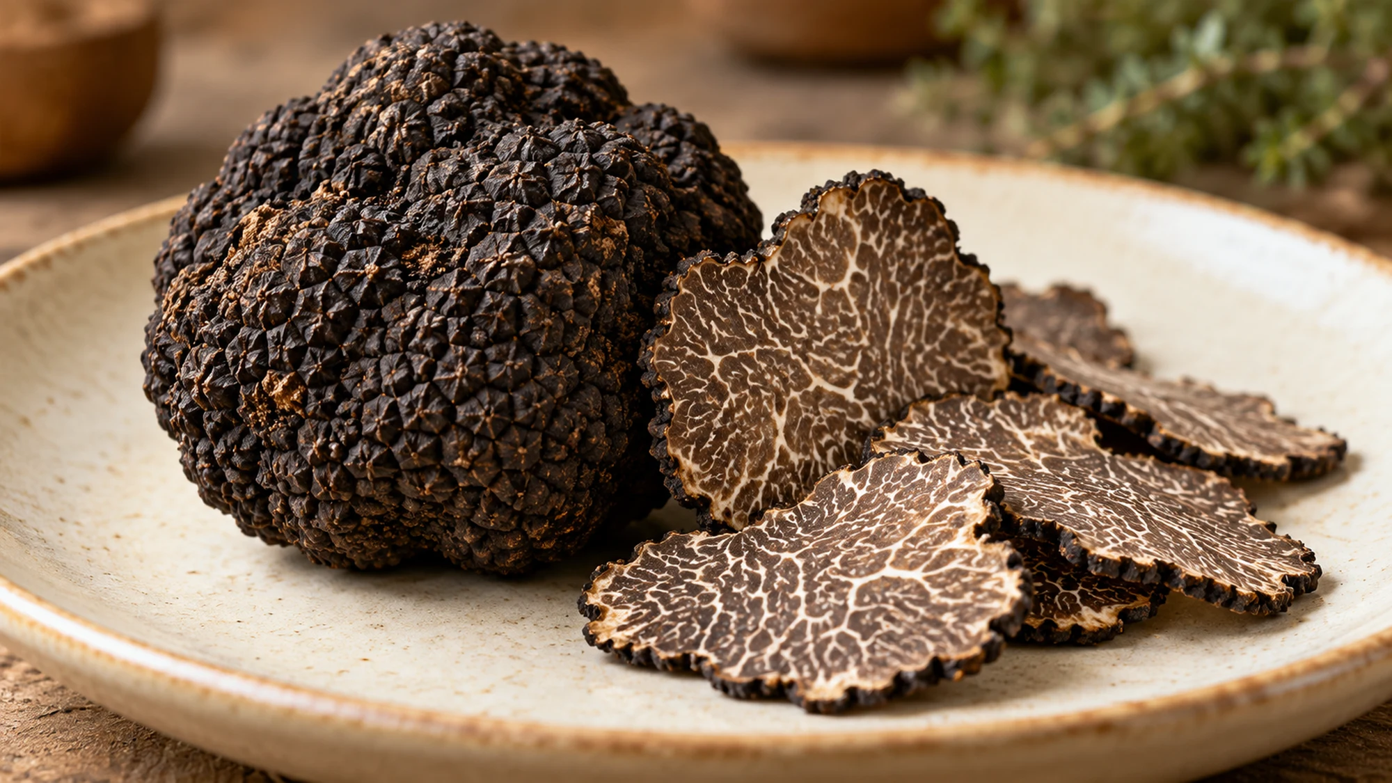 Whole black culinary truffle beside thin slices showing pale interior marbling