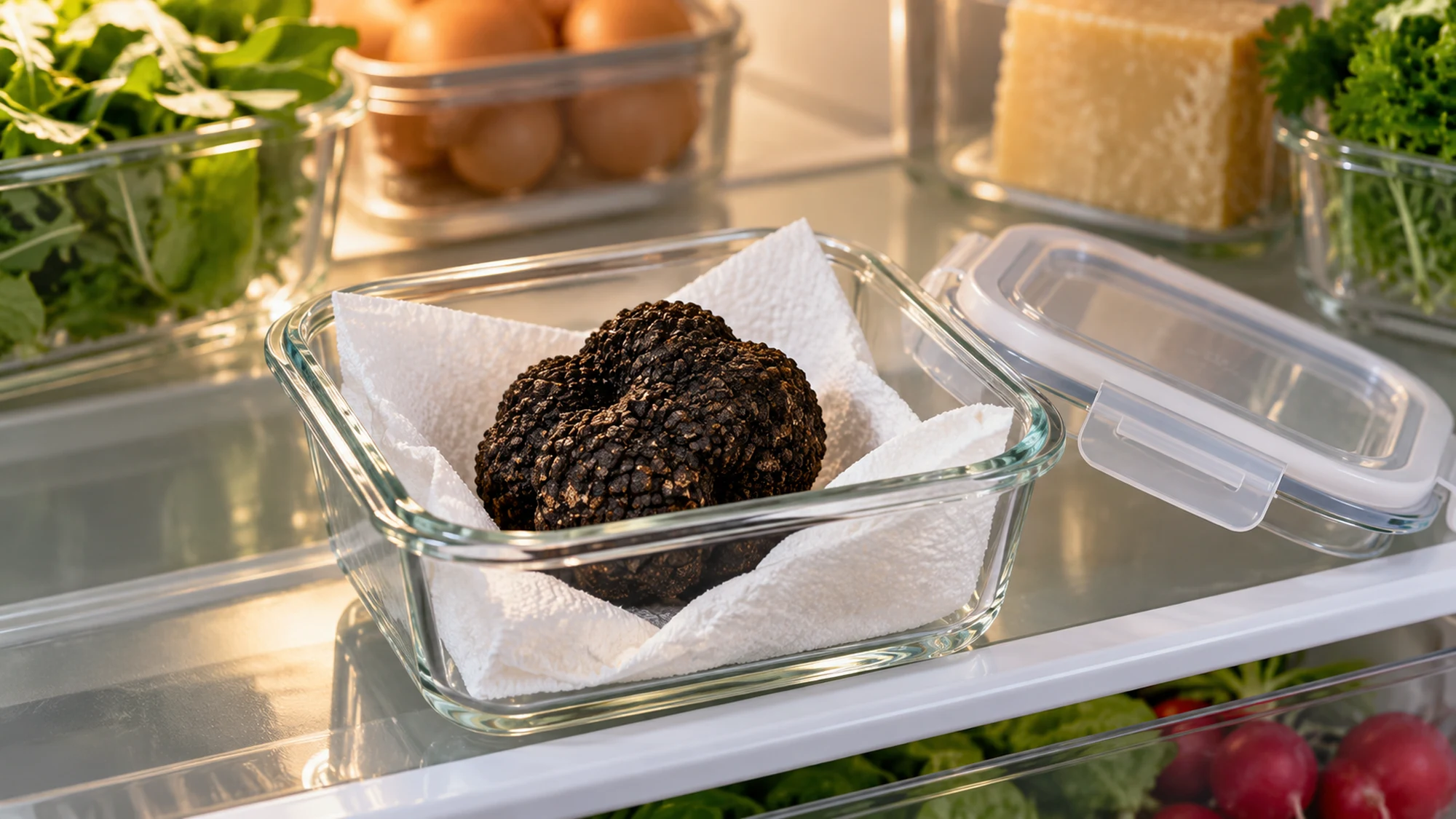 Black culinary truffle on clean paper towel inside an open glass refrigerator container