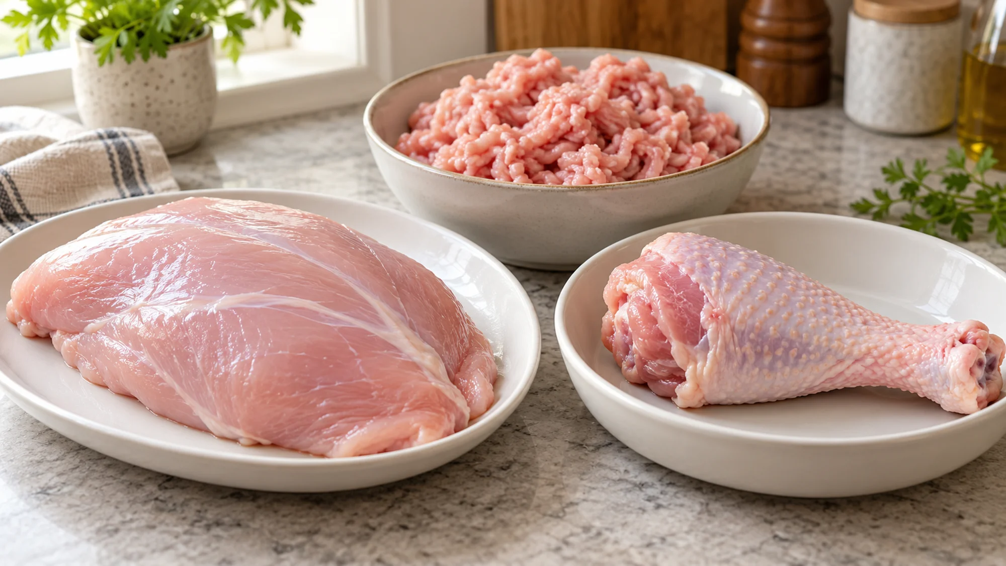 Raw turkey breast, drumstick and ground turkey in separate dishes