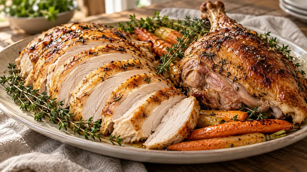 Sliced roasted turkey breast beside a roasted thigh on a ceramic platter