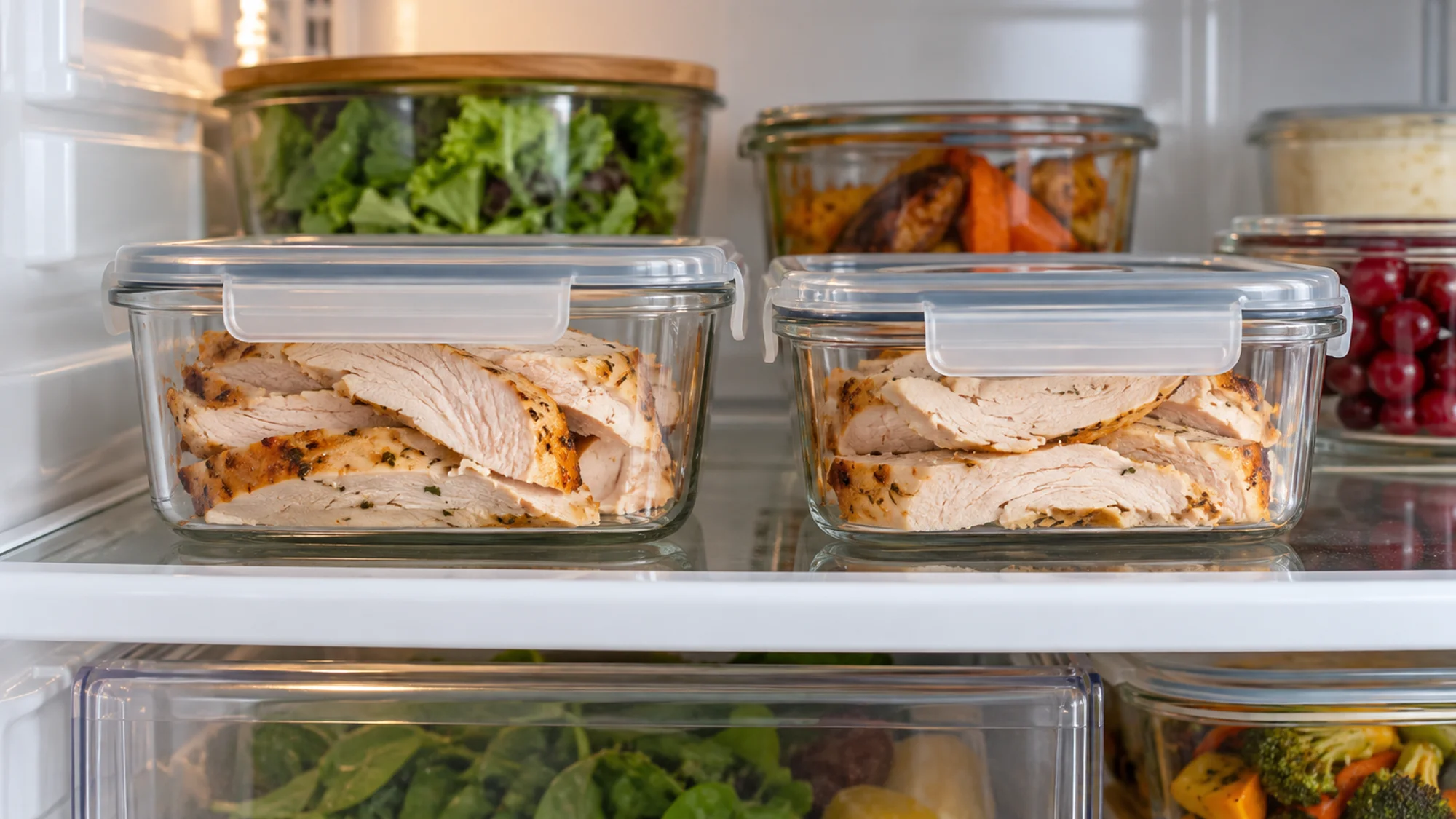 Sliced cooked turkey in two covered containers on a refrigerator shelf