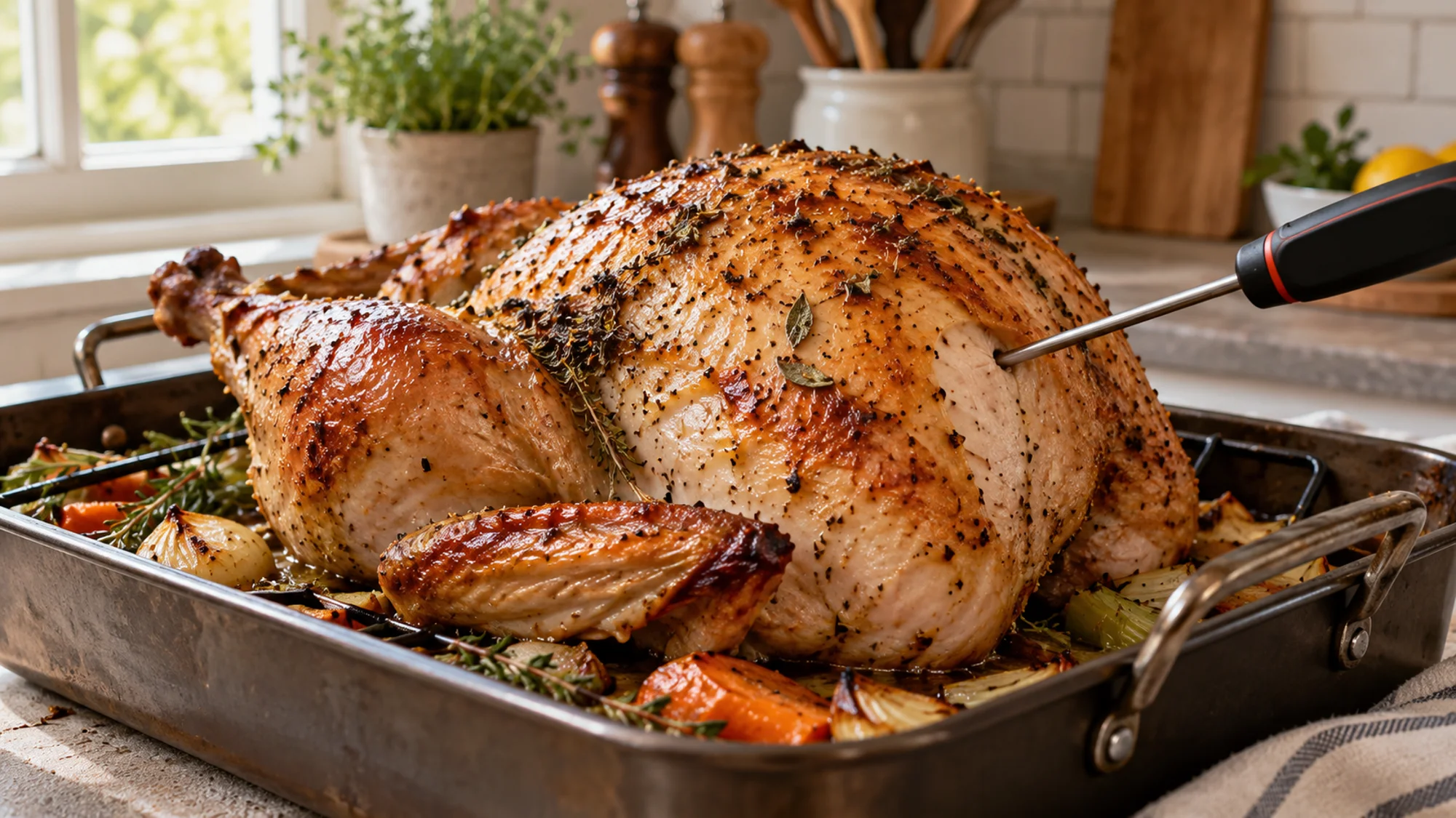 Probe thermometer inserted into the thick breast meat of a roasted turkey