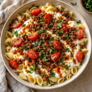Overhead Turkish pasta ready to serve