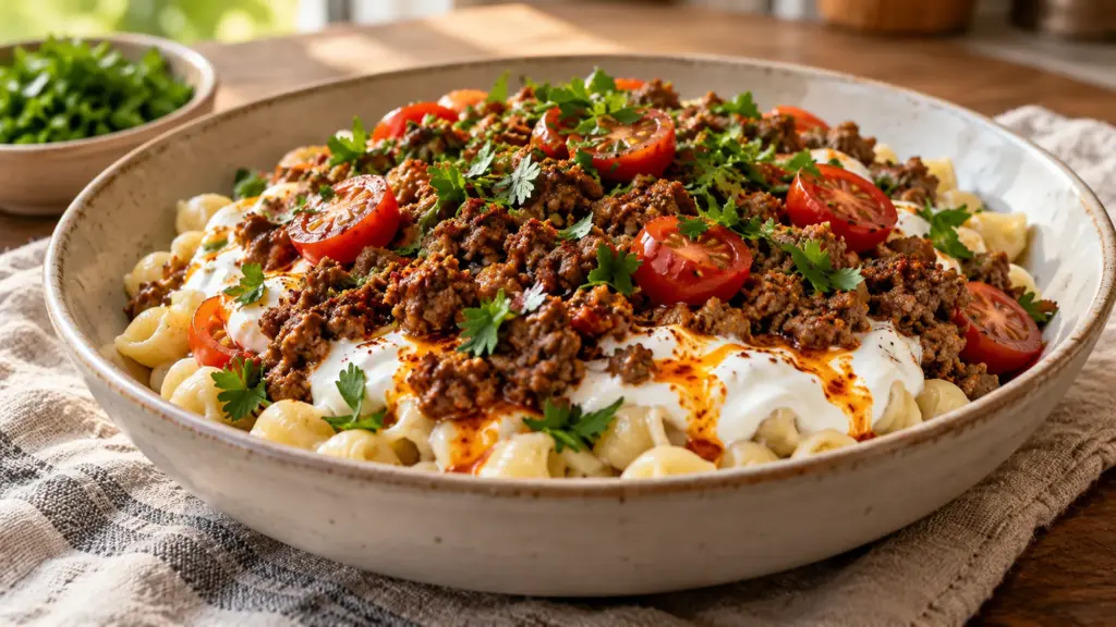 Turkish pasta served with its measured ingredients