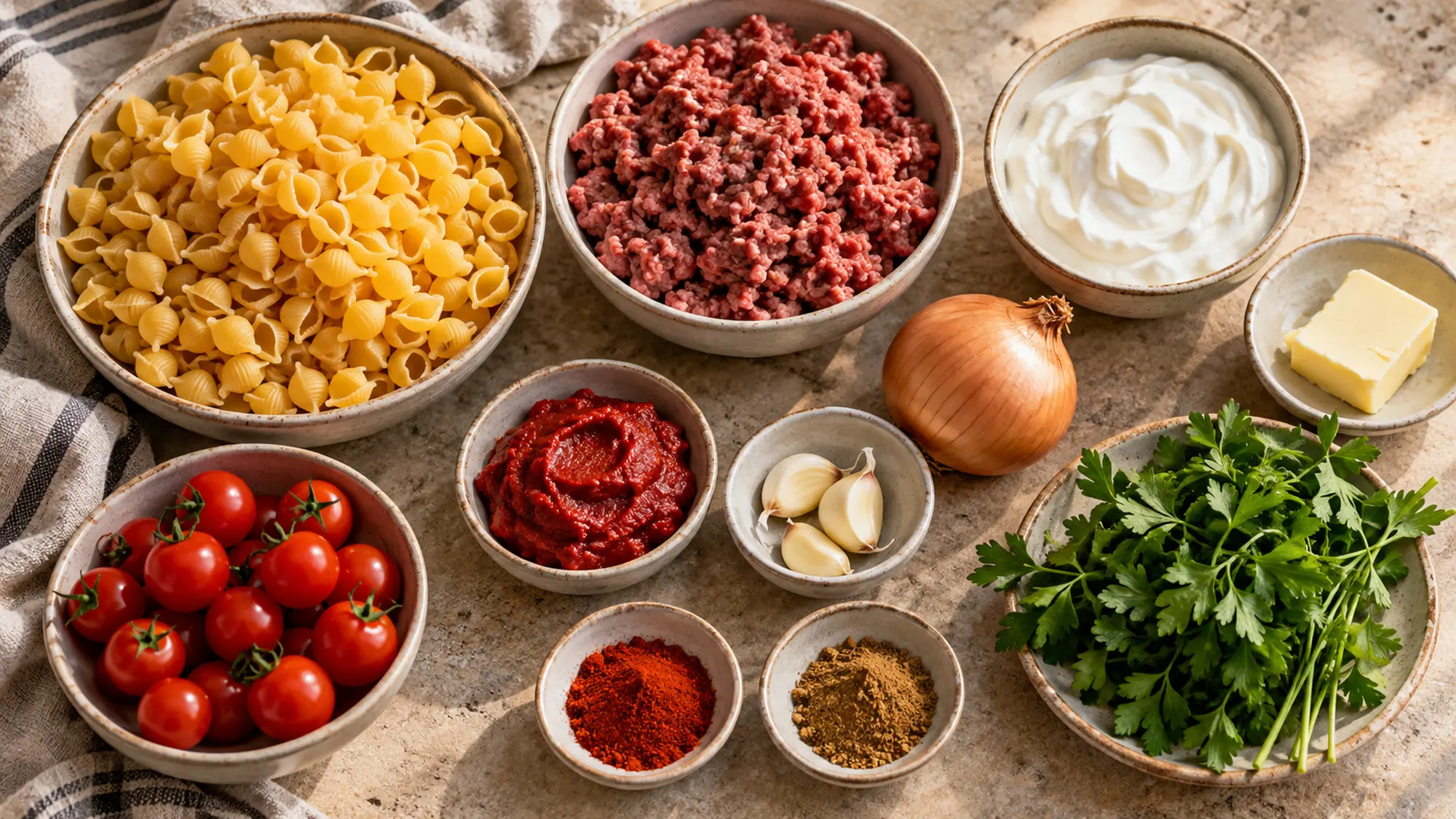 Ingredients for Turkish pasta arranged before cooking
