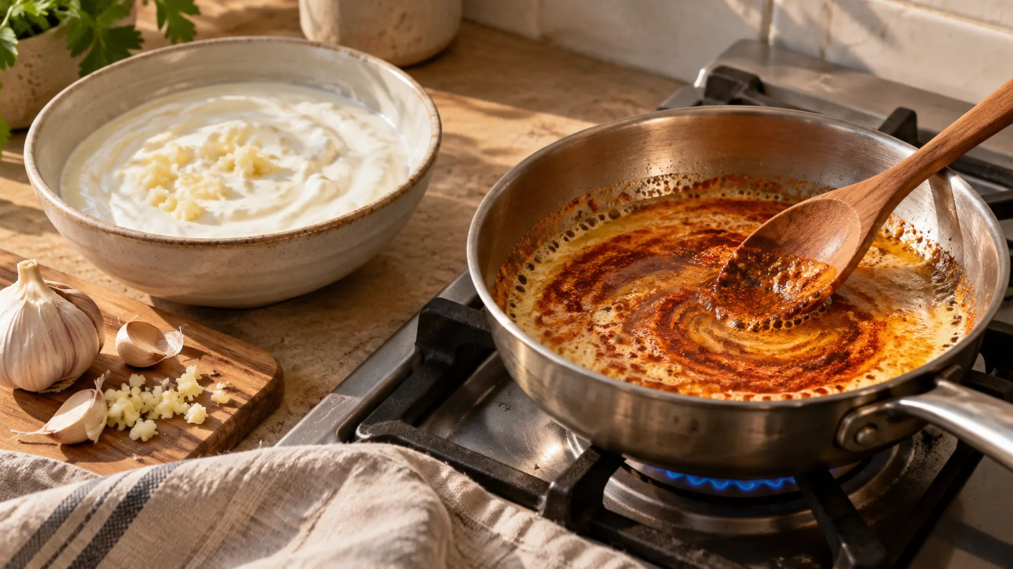 Small pan of melted butter being stirred with red paprika over gentle heat beside a bowl of white garlic yogurt, no cream or cheese