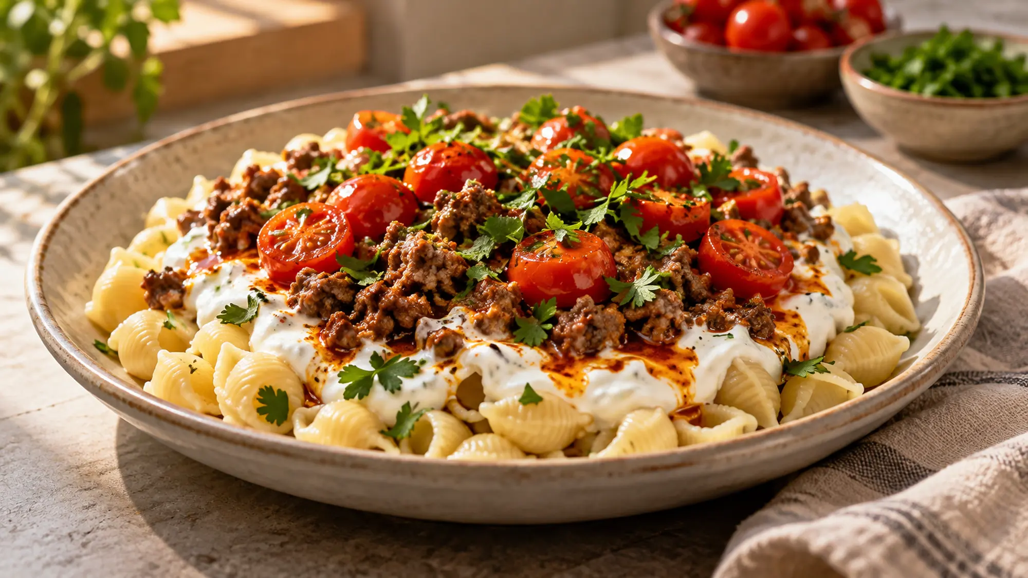 A shallow plate of small pasta shells topped in distinct layers of white garlic yogurt, browned ground beef, paprika butter, fresh cherry tomatoes and parsley