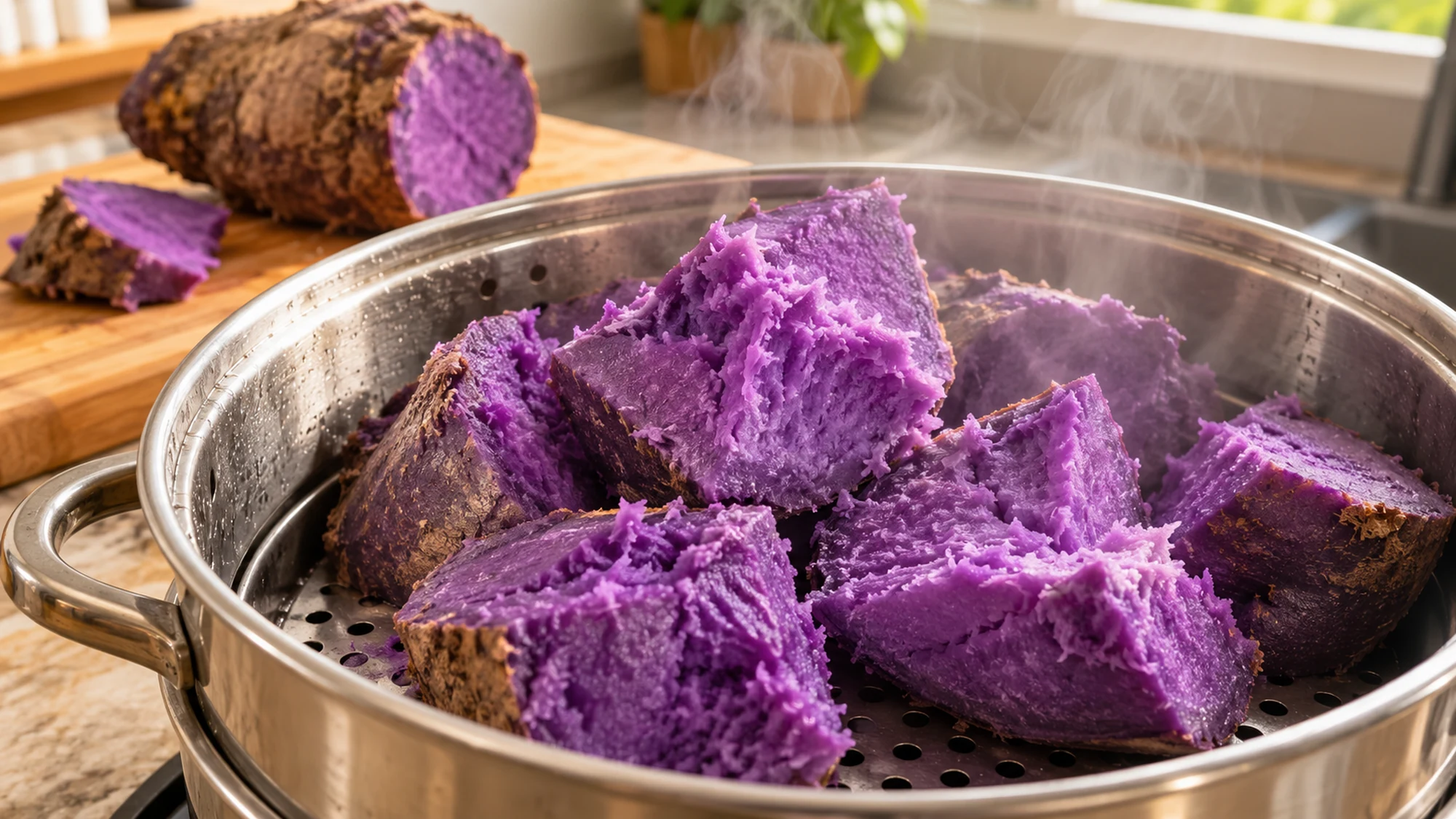 Fully cooked ube chunks with tender violet centers in a steamer